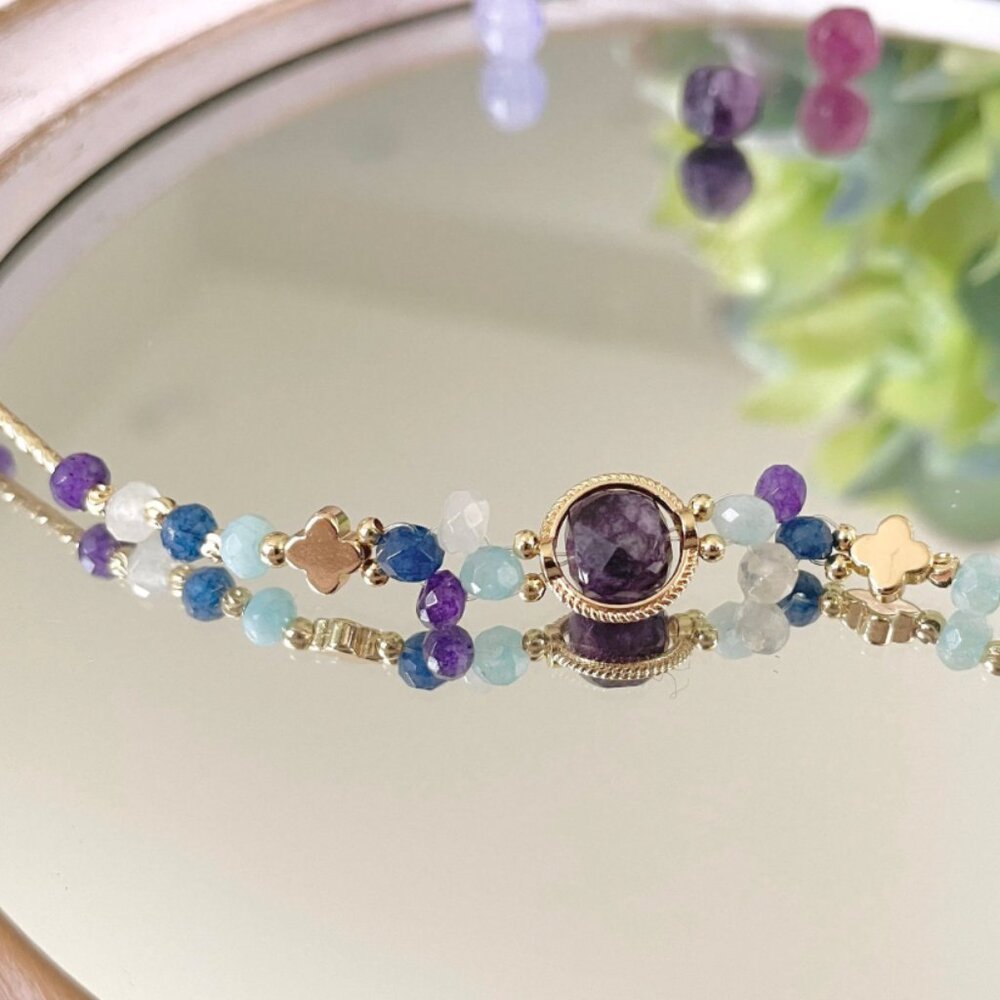 Amethyst aquamarine floral beaded bracelet, Clover gemstone beaded bracelet